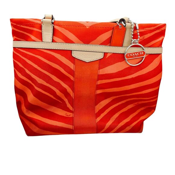 Coach Womens F23283 Orange Tan Canvas Zebra Print Leather Trim Tote Handbag - Picture 1 of 12